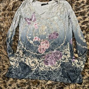 Christian Audigier Gray and Pink Long Sleeve Top